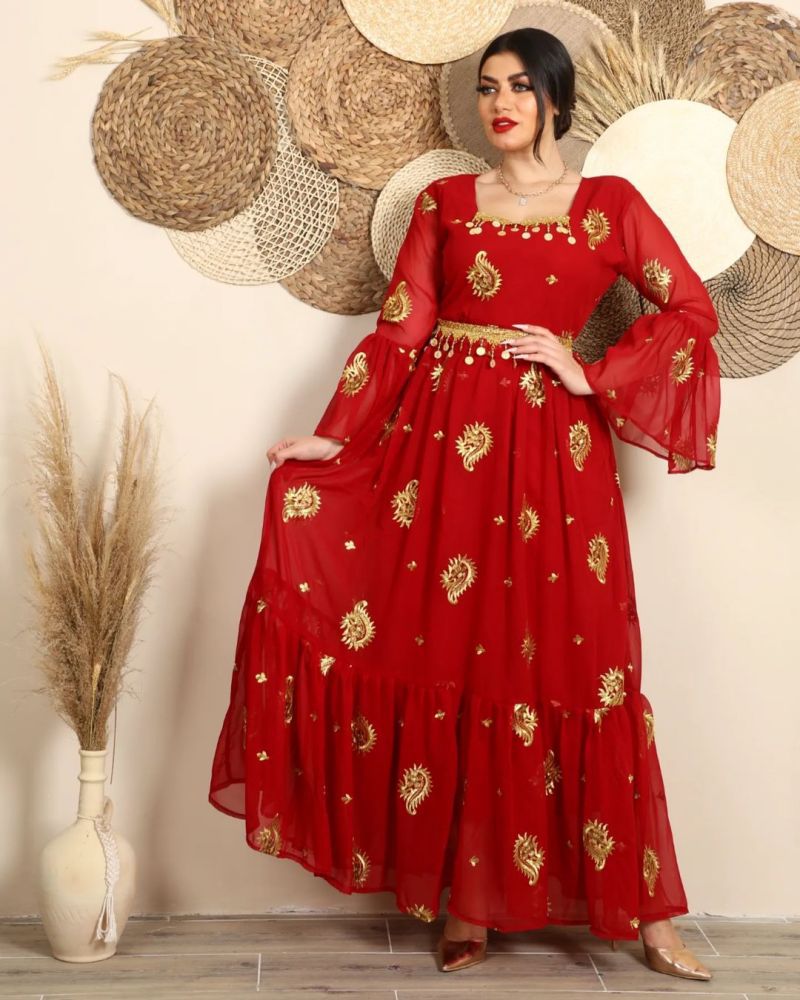 VSKKV Spring and Summer New Middle East Foreign Trade Women's Clothing EBay Independent Station Sexy Chiffon Embroidered Band Belt Dress