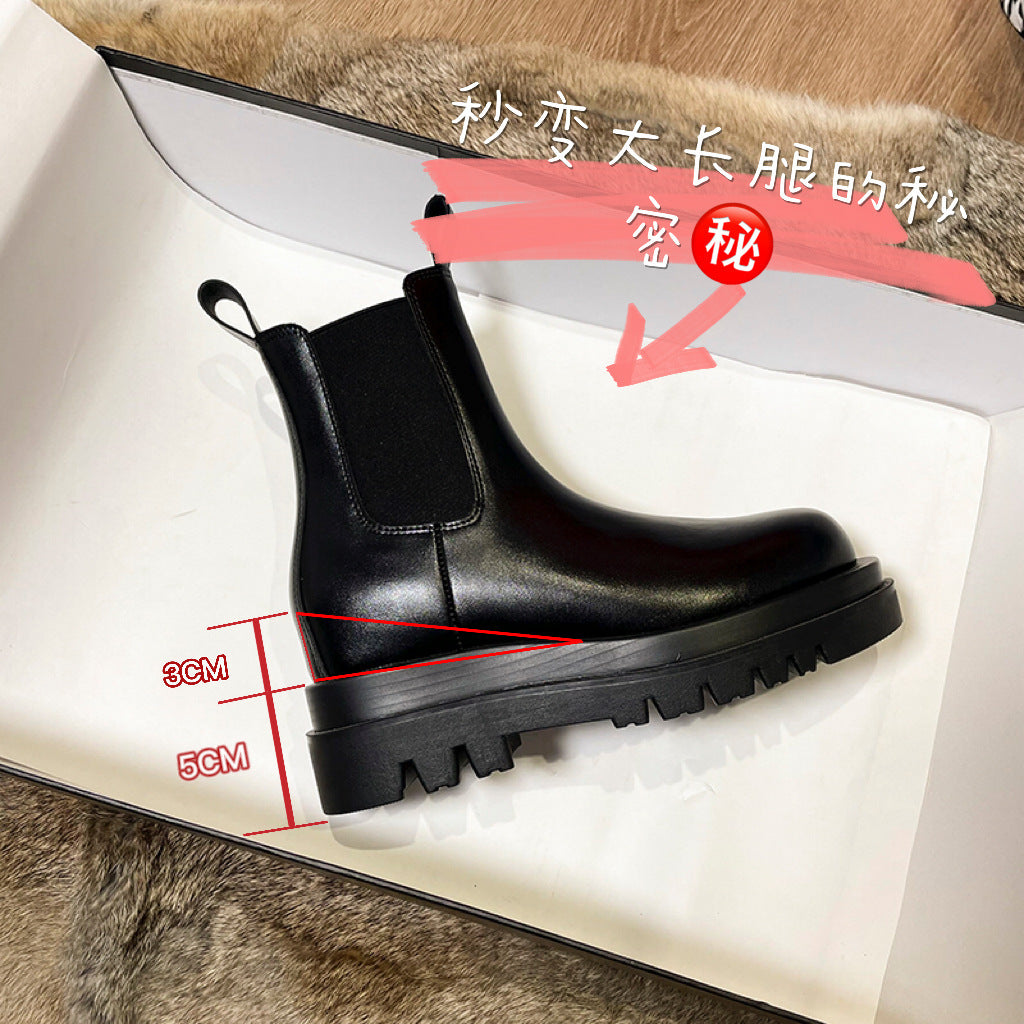 2025 Cowhide version~ New velvet platform short boots medium tube Chelsea boots versatile inner height increase casual Martin boots children