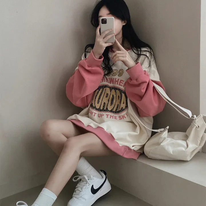 VAKKV Manufacturer college style color matching crew neck sweater women's loose thin lazy oversize Korean chic spring and autumn coat