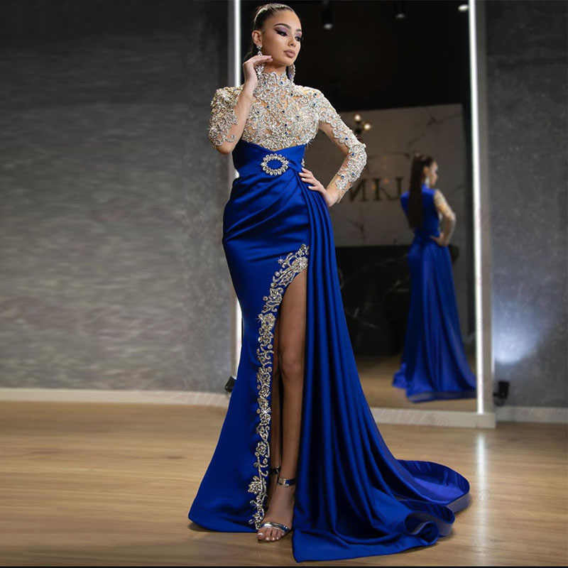 VAKKV European and American Foreign Trade New Women's Clothing Dress Blue Gold Split Stitching Half Turtleneck Evening Dress