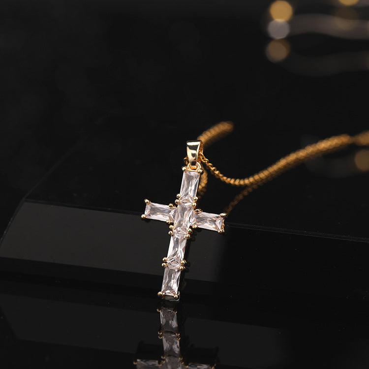 INS Vintage Gold Cross Necklace Personalized Pendant Zircon European and American Style Necklace Special-Interest Design Titanium Steel Clavicle Chain