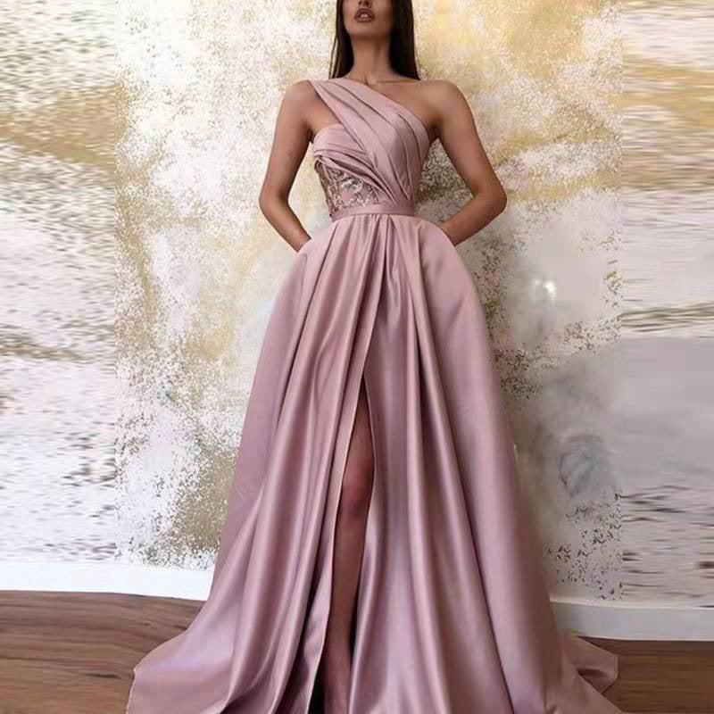 S1604 2025 New summer new 2025 sexy split slanted shoulder dress long dress evening dress
