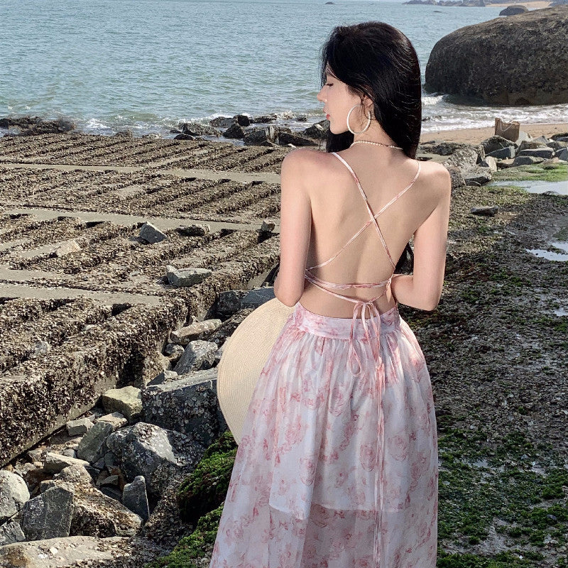 2025 Coffee break gentle wind seaside vacation fairy style beautiful pink floral waist suspender dress female summer