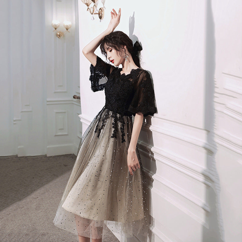 Annual Party Evening Dress Female New Spring and Summer Temperament Banquet Cover Belly Black Slimming Daily Style Host