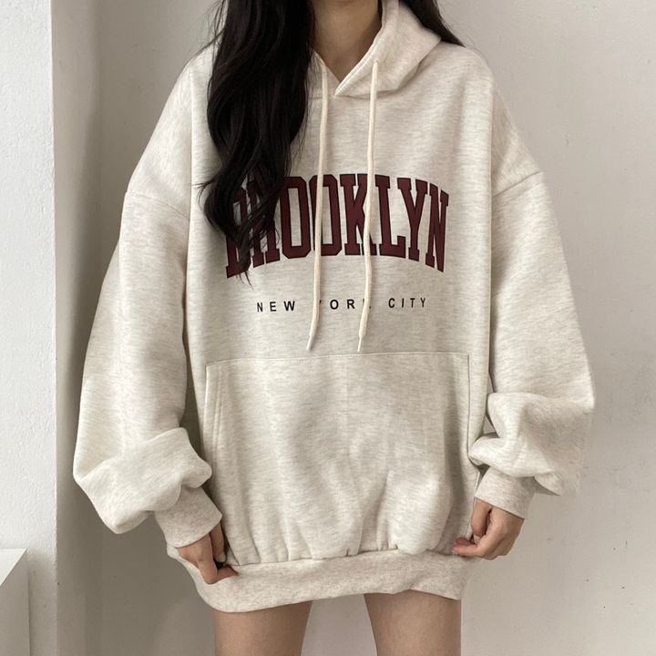 VAKKV Manufacturer tide brand Korean version letter hooded loose spring autumn and winter sweater women's medium and long velvet Japanese solid color lazy thin