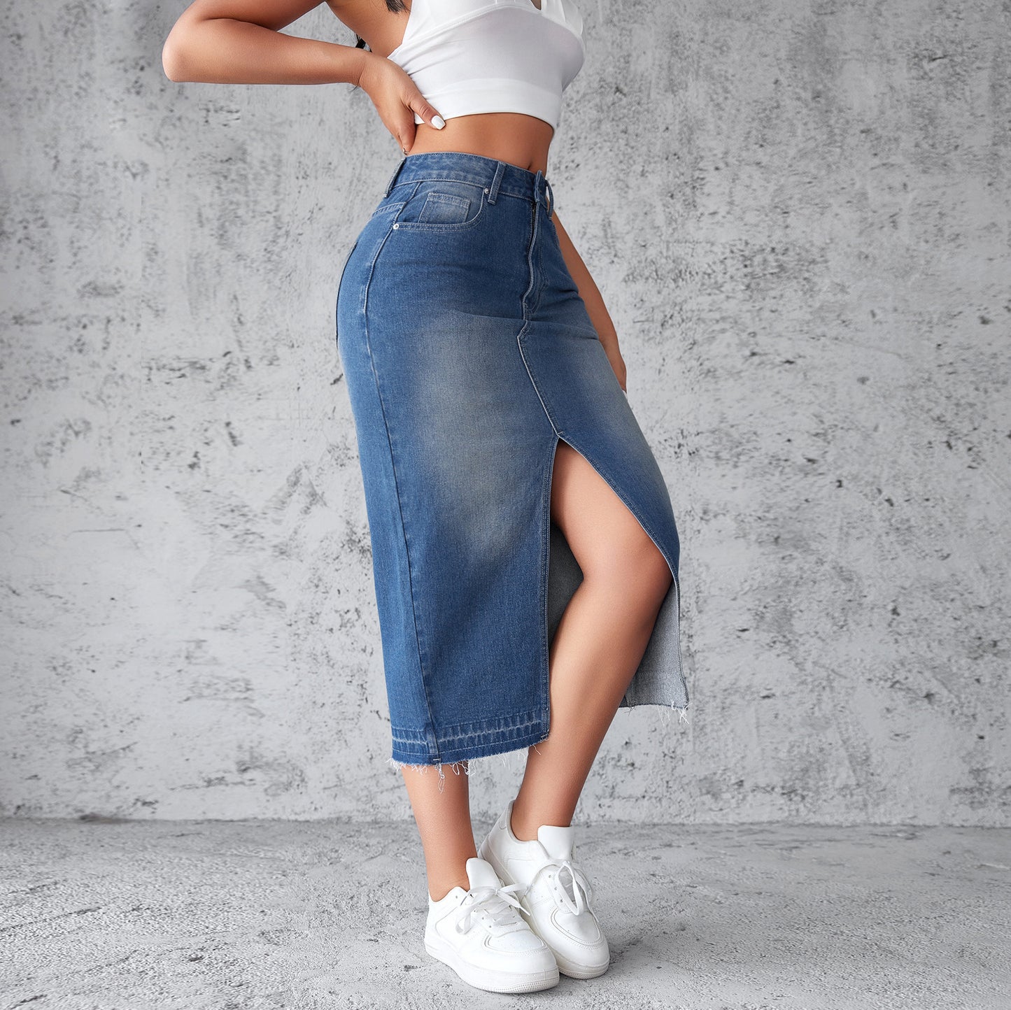 VAKKV Spot factory direct sales, 2025 New blue denim skirt, skirt for women, split ends, hip wrapping, a-shaped skirt, thin long skirt