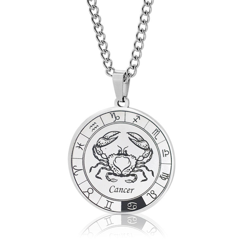 vakkv 12 Constellation Pendant Necklace Men's Titanium Steel Power Style Personalized Leo Turntable Couple's Stainless Steel Necklace