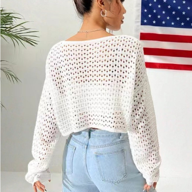 new New lazy style women's clothing sexy hollow loose round neck long-sleeved versatile knitted sweater