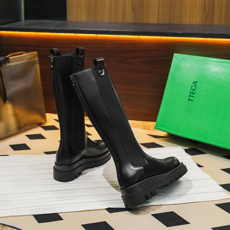 2025 Cowhide Edition~ New Martin Boots Women's Boots Knight Boots Fleece Warm Inner Heightening Boots Thick-soled High Boots