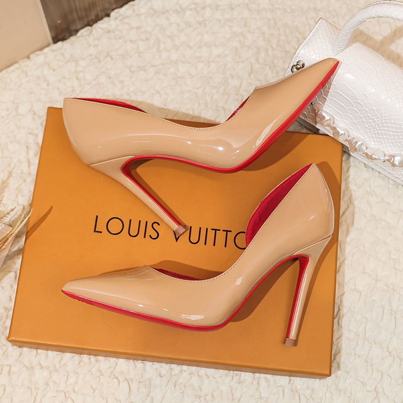 Side Empty Nude High Heels Female New Girl Stiletto Heel All-Matching Sexy Pointed Mesh Red Patent Leather Pumps