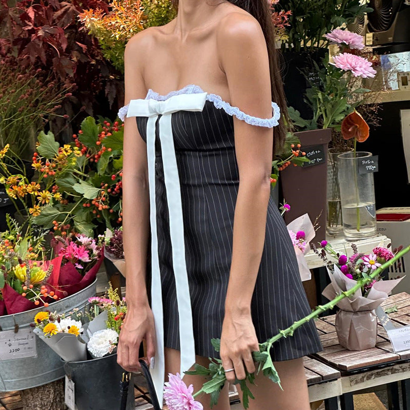 Europe and America Cross Border 2024 Summer Hot Sexy Pure Bow Self-Tie Lace Lace Tube Top Women's Clothing Dress