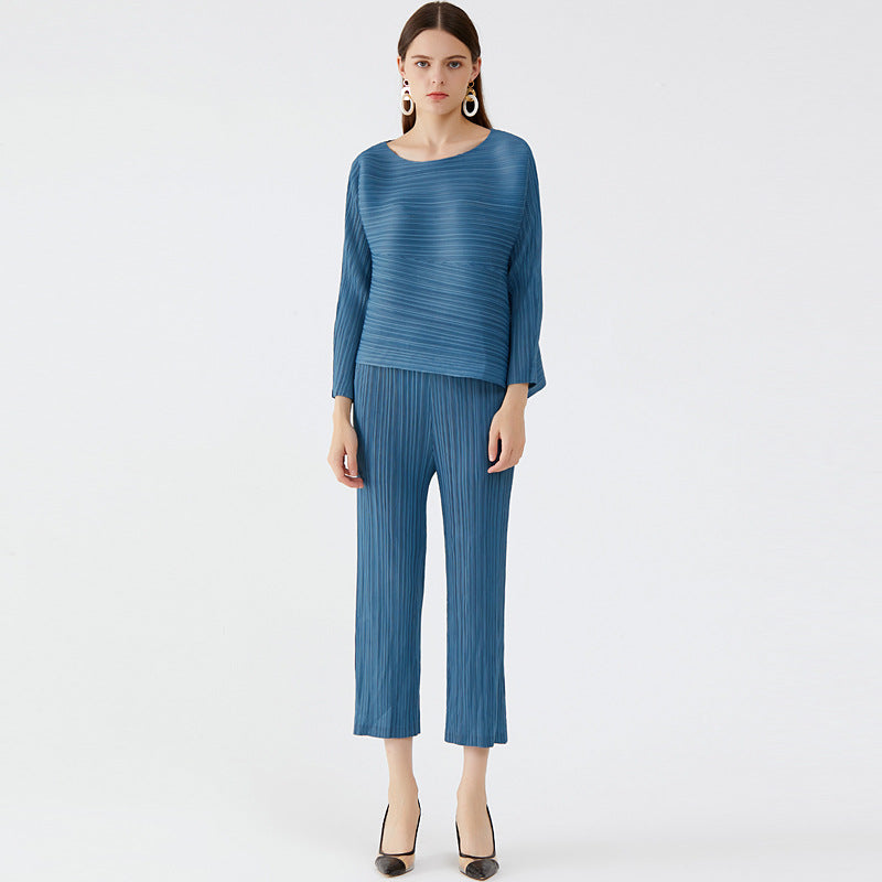 Spring and summer temperament two-piece women's suit new women's crew neck top long-sleeved pleated casual pants two-piece set
