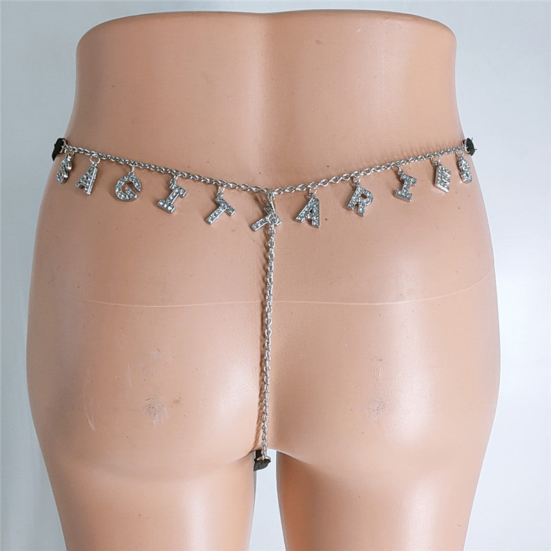 2025 FB 2110-2 2025 stainless steel twelve constellation rhinestone letter pendant waist chain underwear integrated combination thong