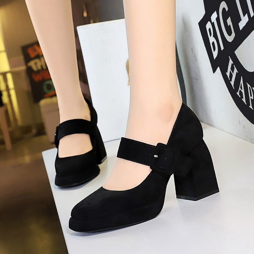 VAKKV 2025 9613-6 style high-heeled thick-heeled waterproof table suede one-word belt buckle shallow mouth Mary Jane women's shoes single shoes
