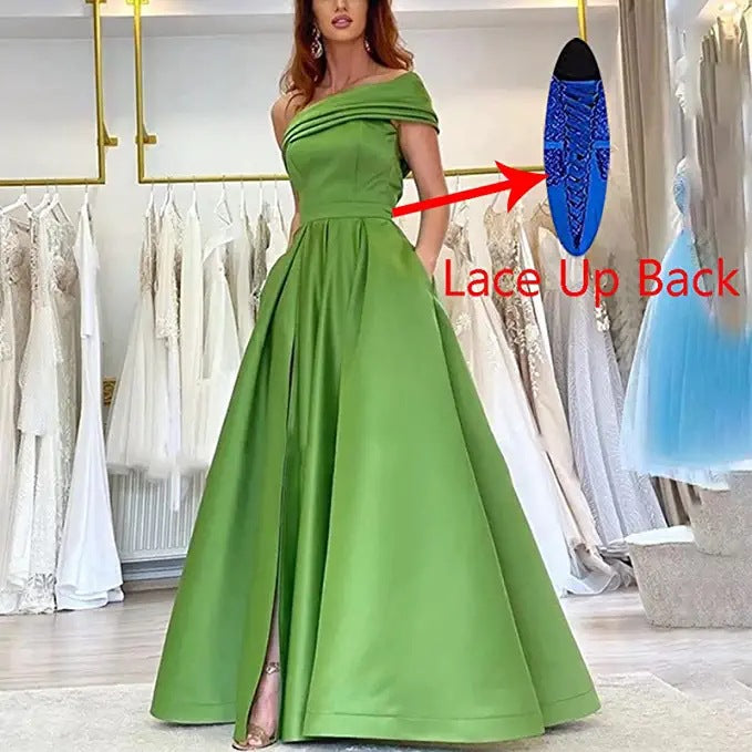 VAKKV Foreign Trade One Shoulder Satin Dress Evening Dress Birthday Banquet Pettiskirt Green High Slit Sexy Jumpsuit