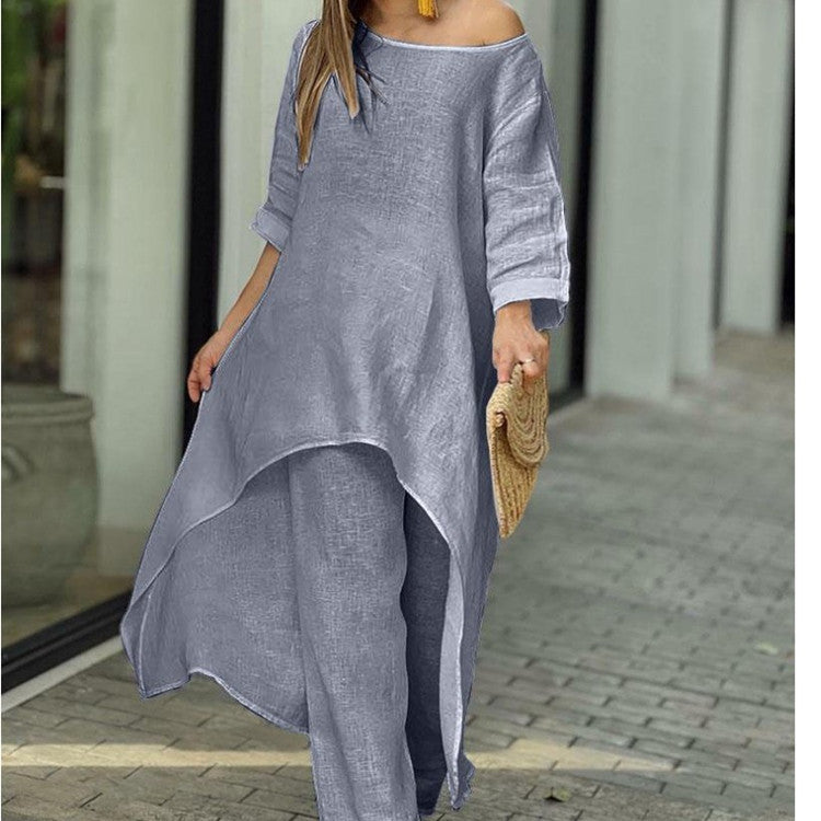 European and American New Women's Clothing Cotton and Linen Fashion Casual plus Size Irregular Long Sleeve Suit Wide Leg Pants Two-Piece Set
