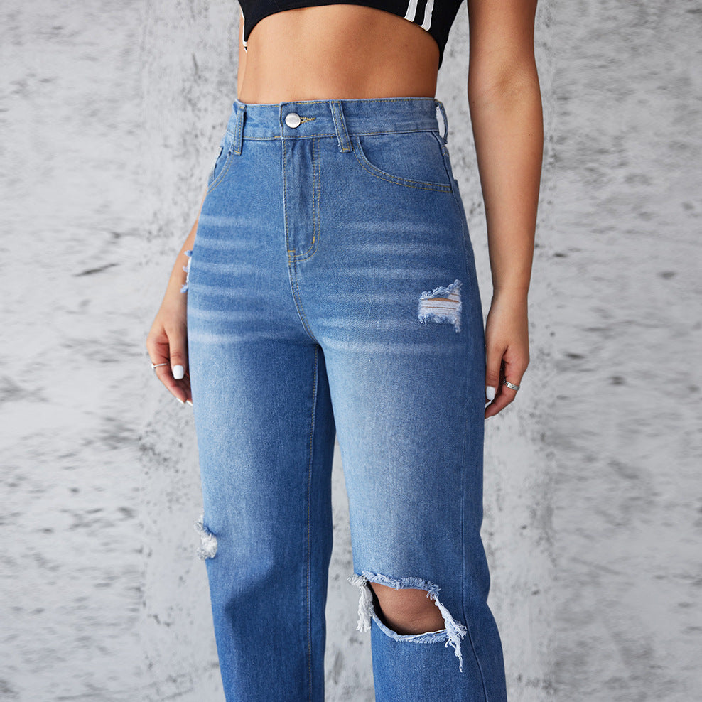 VAKKV Factory direct sales popular 2025 New Popular trade straight jeans women's washed holes non-elastic wide-leg trousers spot
