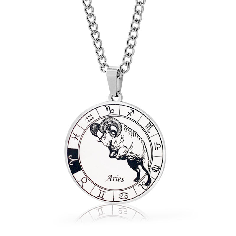 vakkv 12 Constellation Pendant Necklace Men's Titanium Steel Power Style Personalized Leo Turntable Couple's Stainless Steel Necklace