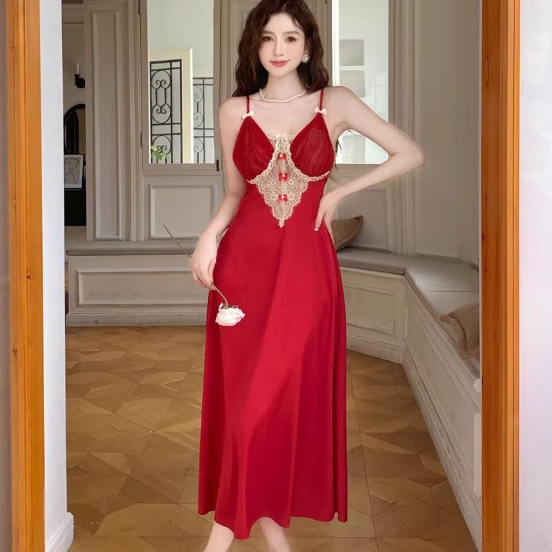 2025 morning robe women's wedding pajamas red natal year long pure desire wind suspender nightdress with chest pad two-piece set tide
