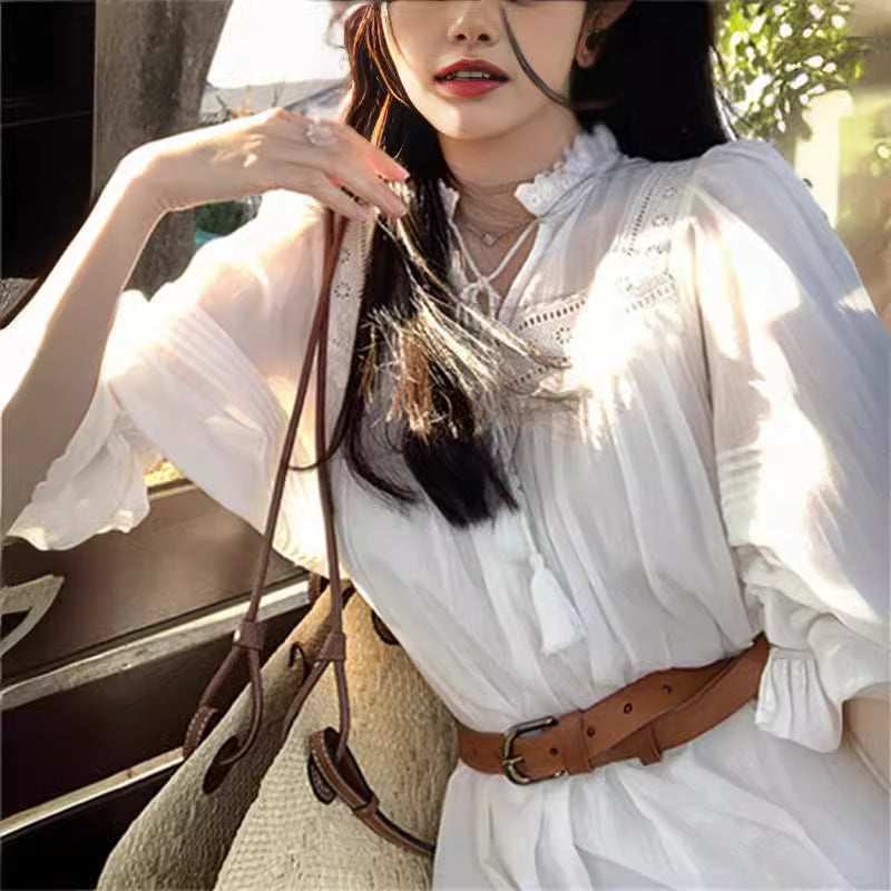 VAKKV Lace Hollow-out Cinched Doll Princess Dress White Dress Female Design Sense Niche Vacation Fairy Skirt