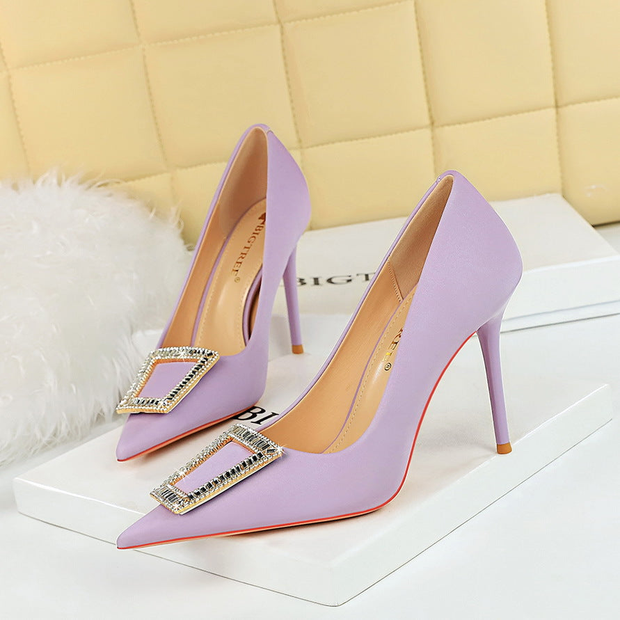 2025 3265-K8 Korean version of fashion banquet high heels thin heel shallow mouth pointed metal buckle rhinestone buckle high heel single shoes women
