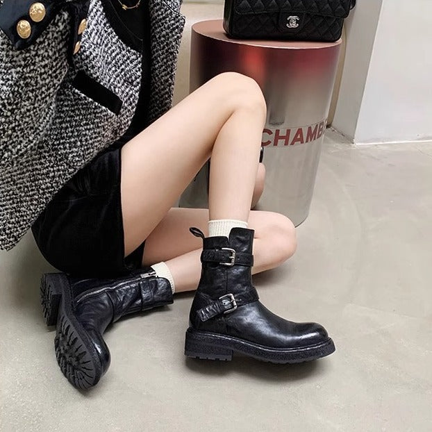 2025 Cowhide version~ Grape mother same shoes washed with shrinkage pattern cowhide belt buckle thick heel thick sole thin short boots autumn and winter