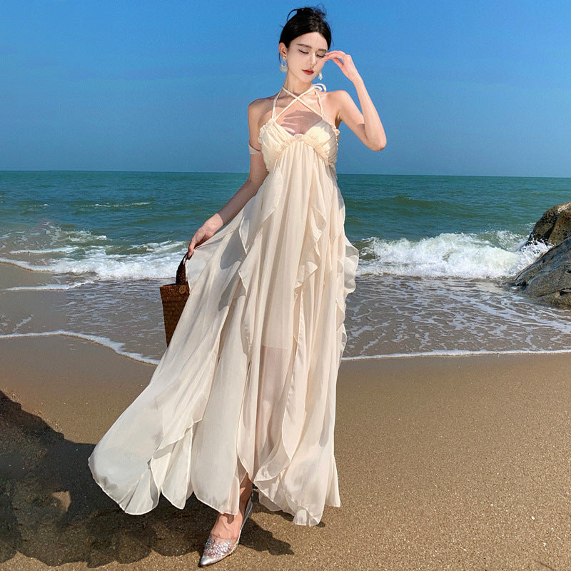 2025 Sexy temperament heavy industry neck suspender dress women's summer long dress white backless seaside vacation beach dress