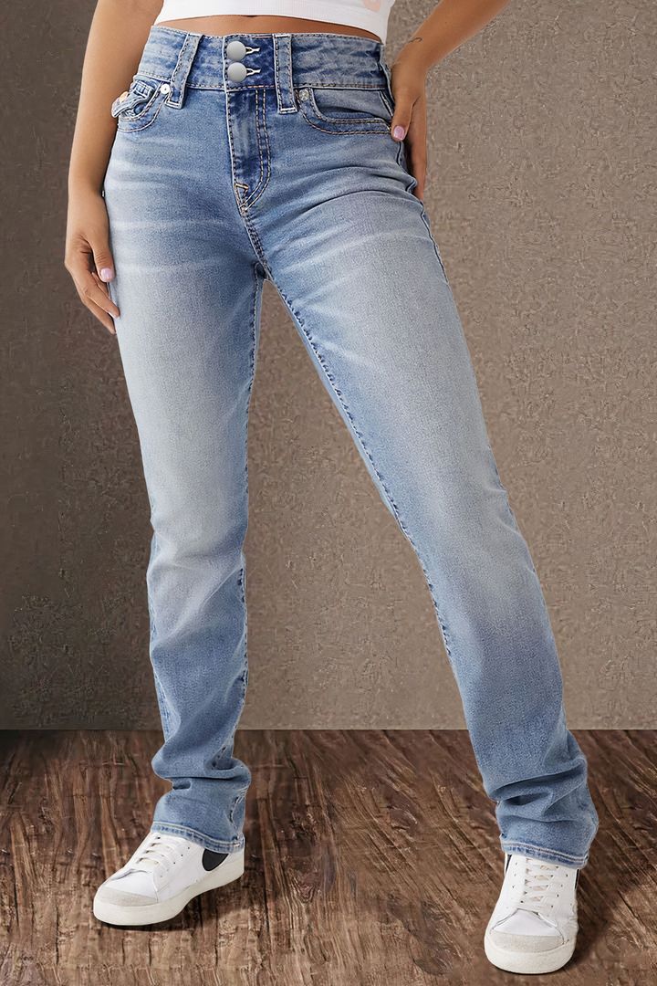 VAKKV 2025 trade cross-border 2025 spring new double-button mid-waist straight jeans women's slim temperament trousers