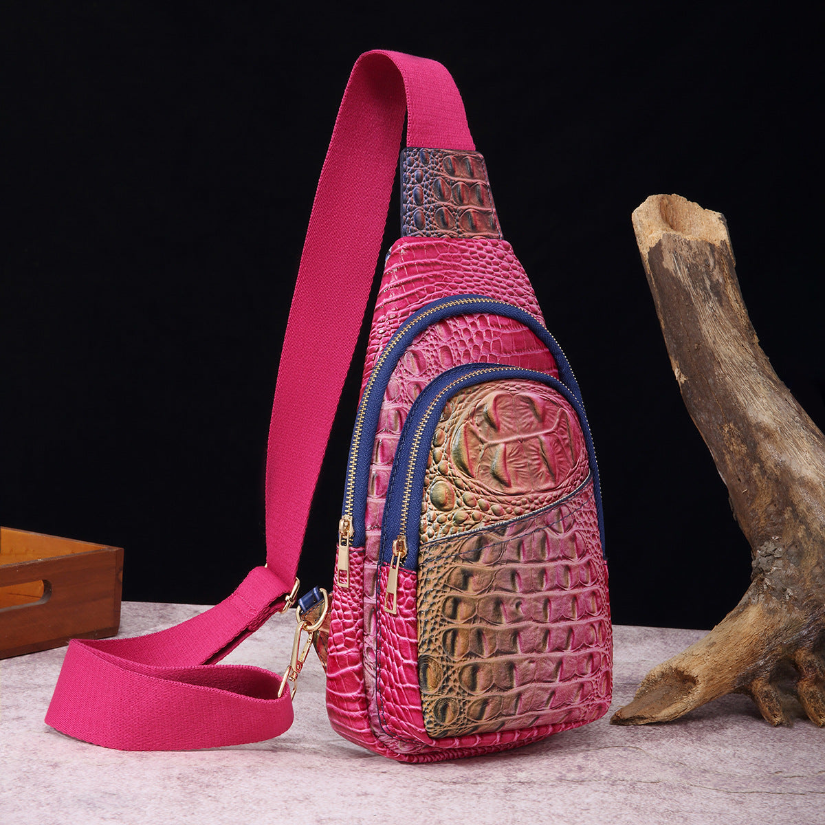 VAKKV 2025 retro fashion wide shoulder straps women's breast bag fanny pack messenger bag crocodile pattern Brahman New