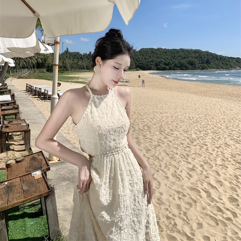 2025 neck sling dress women's summer high-end temperament showing thin waist long dress seaside vacation beach dress