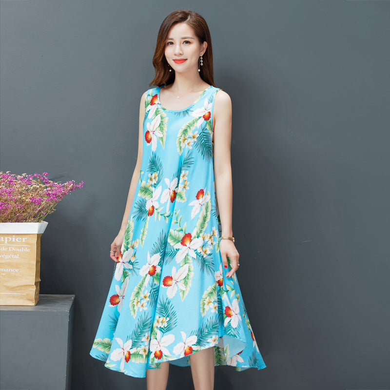 Large Size Bourette Vest Dress Summer New Ethnic Style Women's Clothing Artistic Retro Printing Sleeveless Swing Long Dress