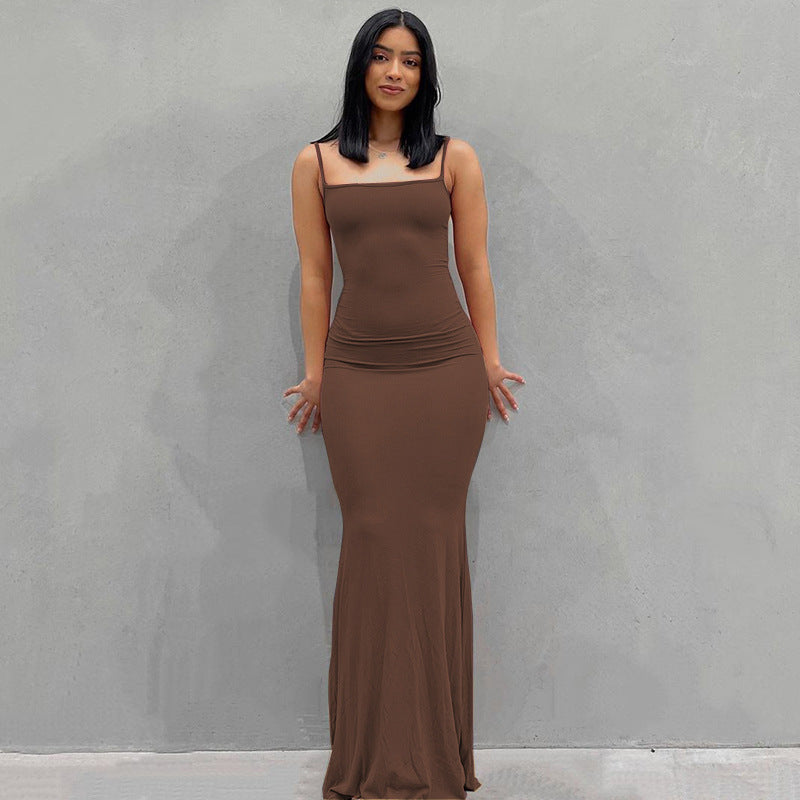 European and American Hot Trade Women's Clothing New Kardashian Skims Solid Color Sexy Slim Peach Hip Sling Summer Dress