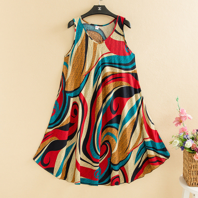 Large Size Bourette Vest Dress Summer New Ethnic Style Women's Clothing Artistic Retro Printing Sleeveless Swing Long Dress