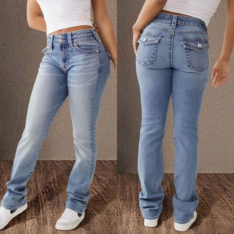 VAKKV 2025 trade cross-border 2025 spring new double-button mid-waist straight jeans women's slim temperament trousers