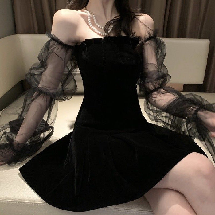 New Spring and Summer New Temperament Mesh Puff Sleeve Girl's Black Dress off-the-Shoulder Fitted Waist Bubble Dress Women's Clothing
