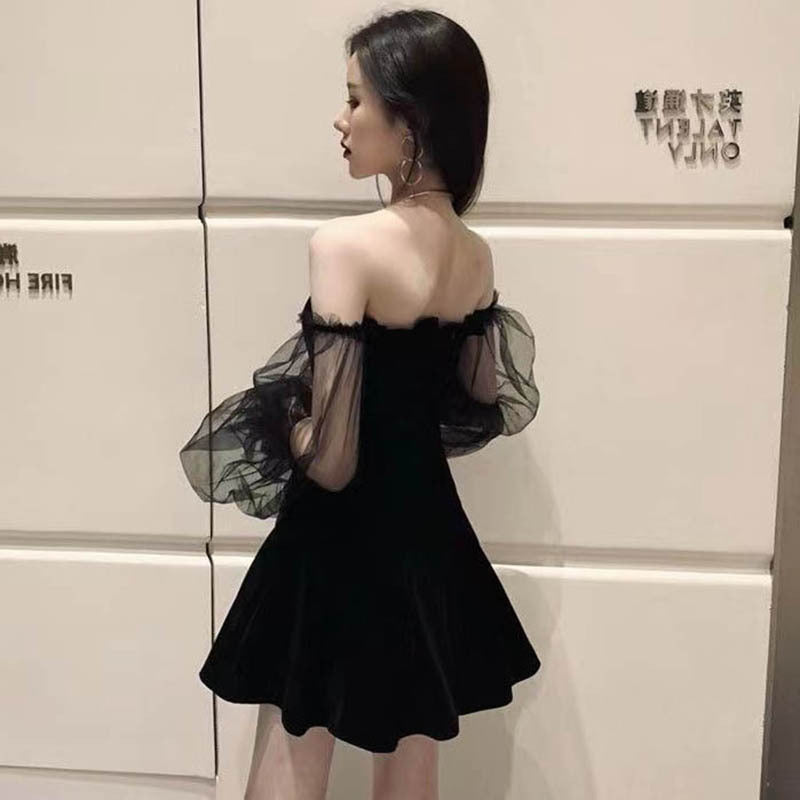 New Spring and Summer New Temperament Mesh Puff Sleeve Girl's Black Dress off-the-Shoulder Fitted Waist Bubble Dress Women's Clothing