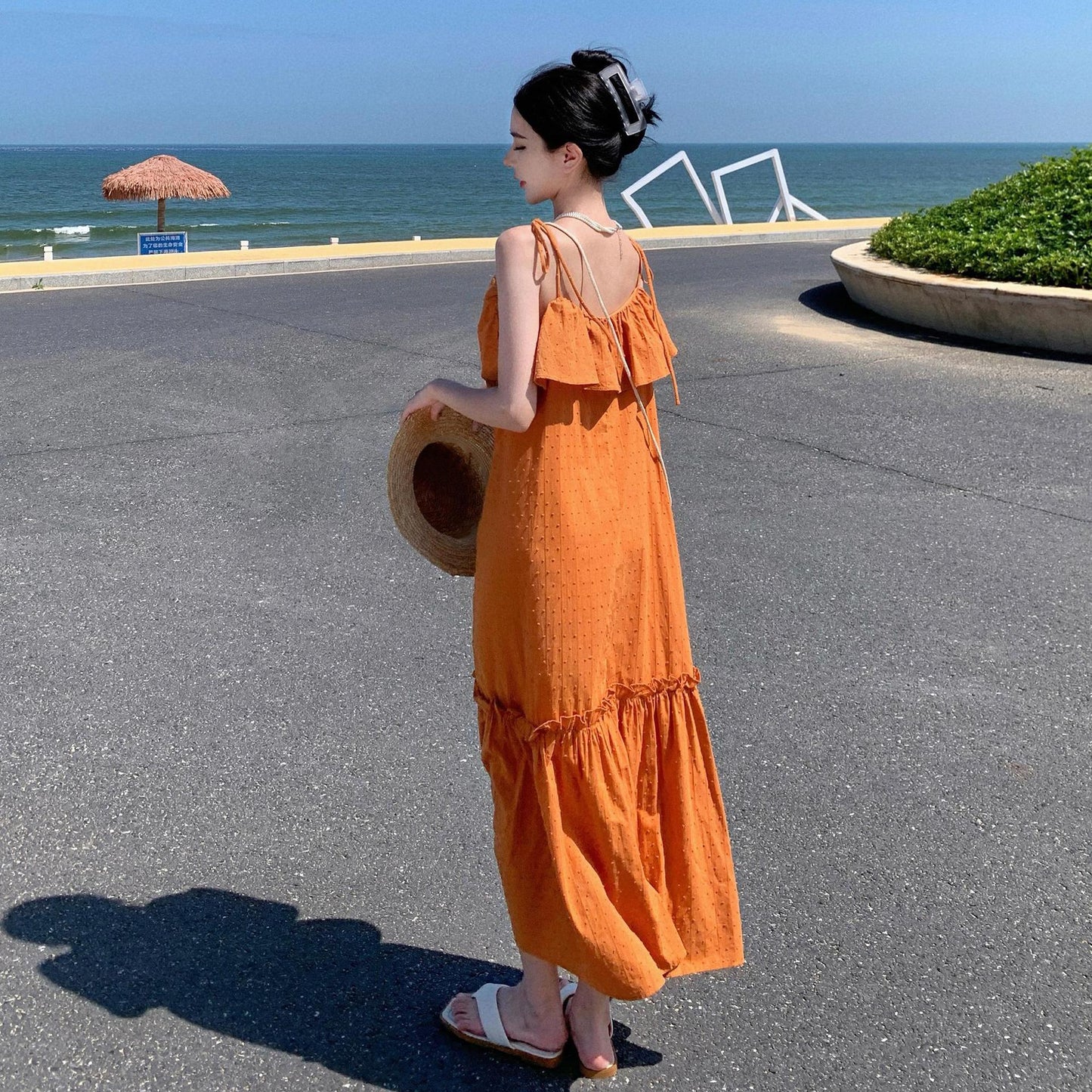 2025 fungus edge suspender dress summer Sanya travel seaside vacation temperament loose orange beach dress