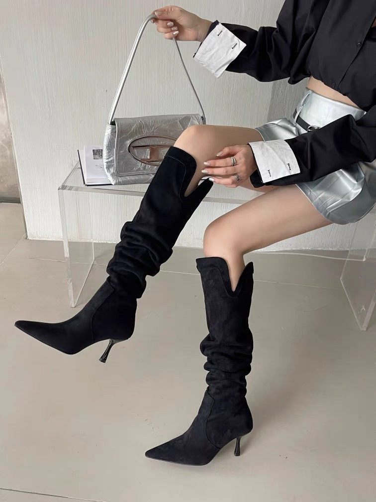 2025 Long boots women's pointed head thin heel V-mouth thin pleated piled boots retro suede high heel thin boots