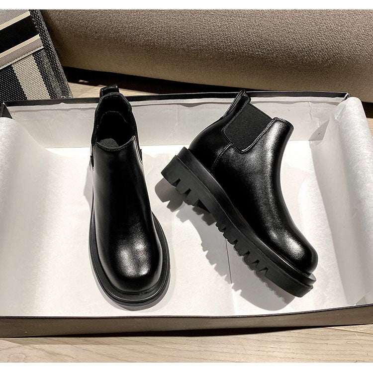 2025 Cowhide version~ New inner height-increasing Martin boots women's British style velvet short tube thick-soled Chelsea short boots cigarette boots