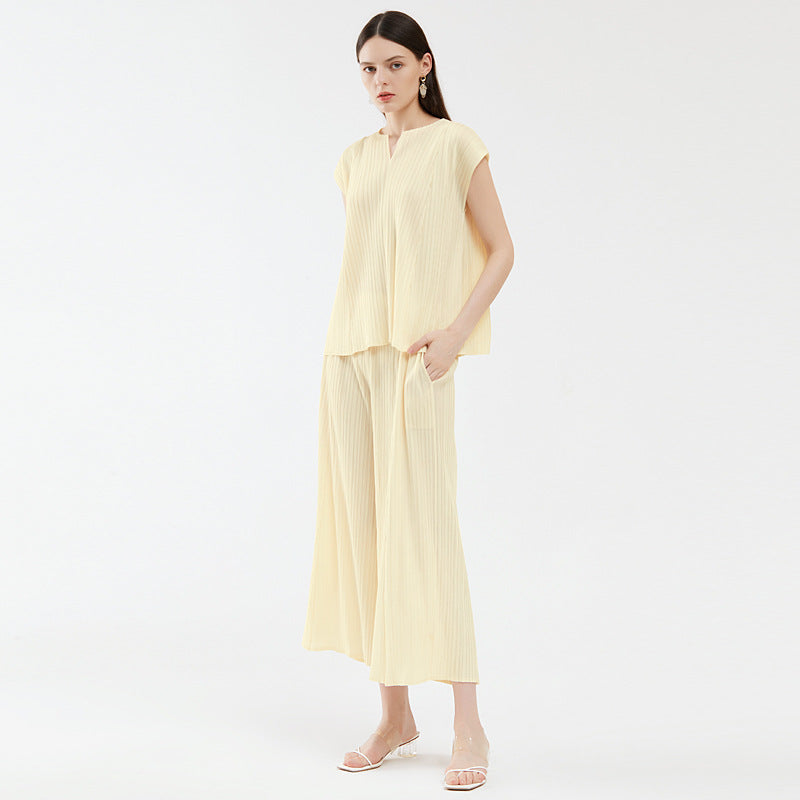 new summer women's clothing V-neck top fashion loose and thin wide-leg pants fashion suit casual two-piece set