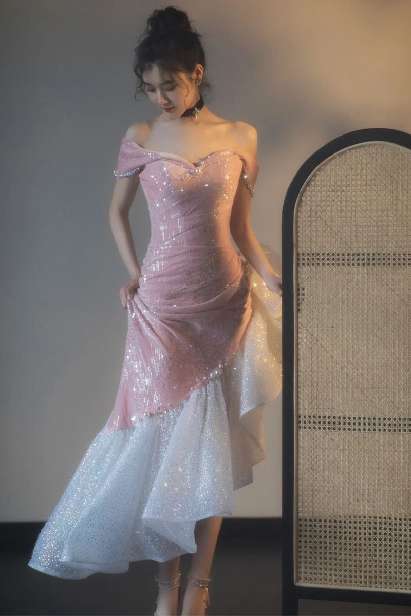 VAKKV Pink off-Shoulder Engagement Formal Dress Fishtail Toast Dress Bride New Annual Meeting Small Man Host Evening Dress