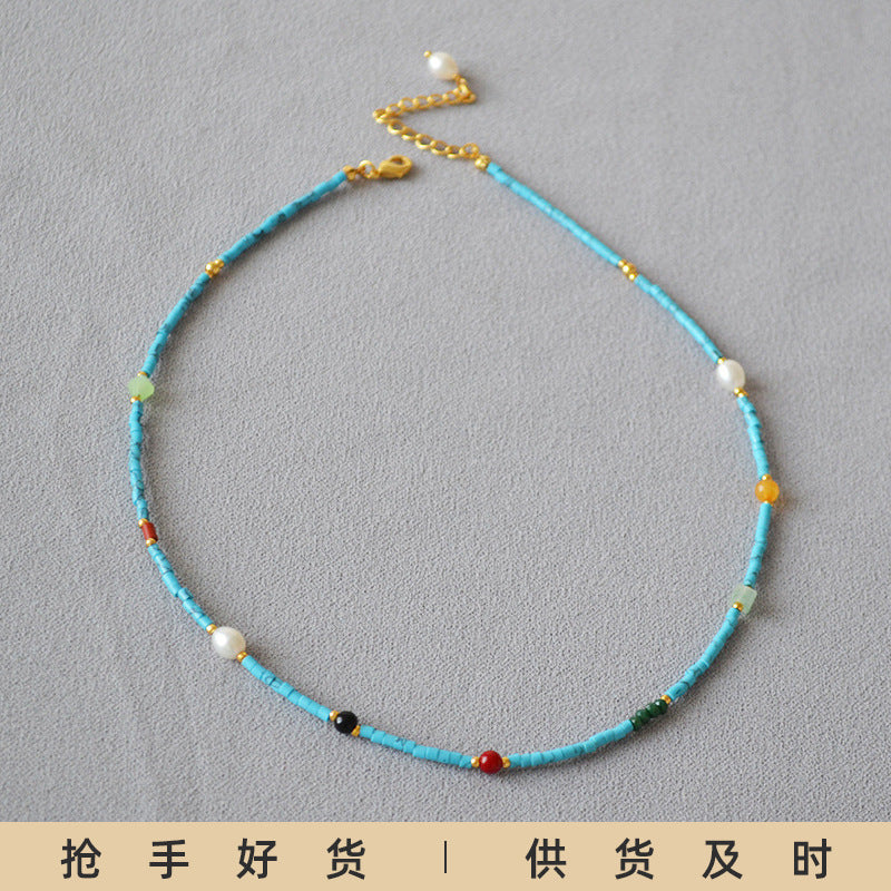 Vintage Court Style Ultra Fine Blue Turquoise Colorful Pearl GEM Ultra Fine Necklace Clavicle Chain Female Special-Interest Design
