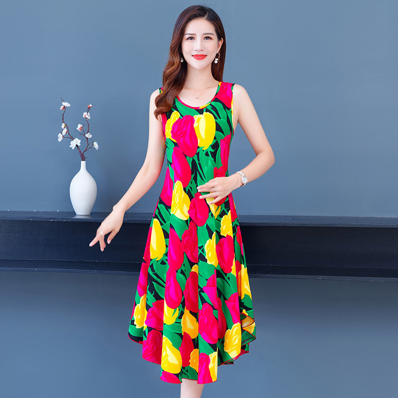 Large Size Bourette Vest Dress Summer New Ethnic Style Women's Clothing Artistic Retro Printing Sleeveless Swing Long Dress