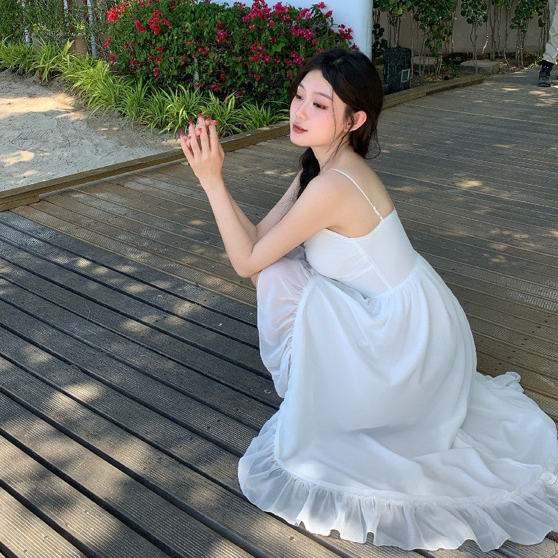 2025 Lotus leaf edge sexy halter split fairy dress summer super fairy white long suspender skirt seaside vacation dress