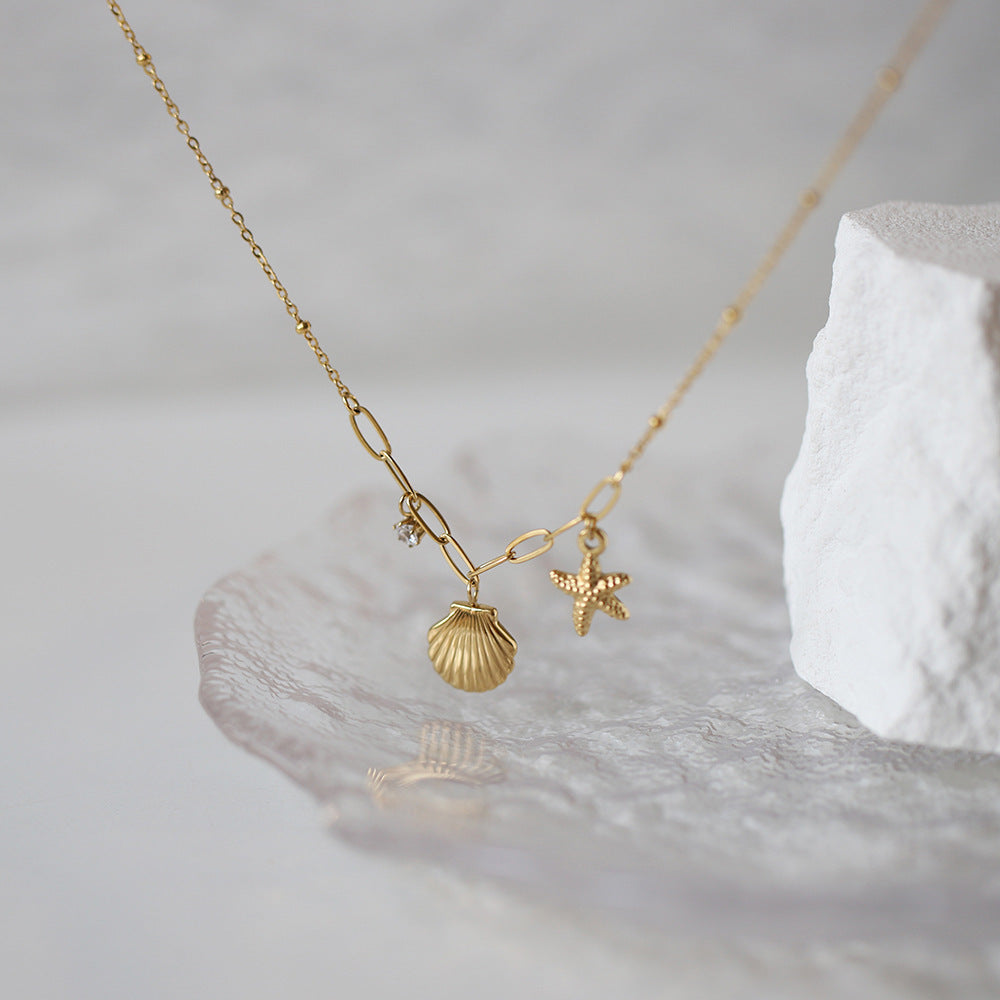 VAKKV Cross Border Ocean Style Mid-Ancient Shell Necklace Starfish Pearl Necklace Plated 18K Gold Color Protection