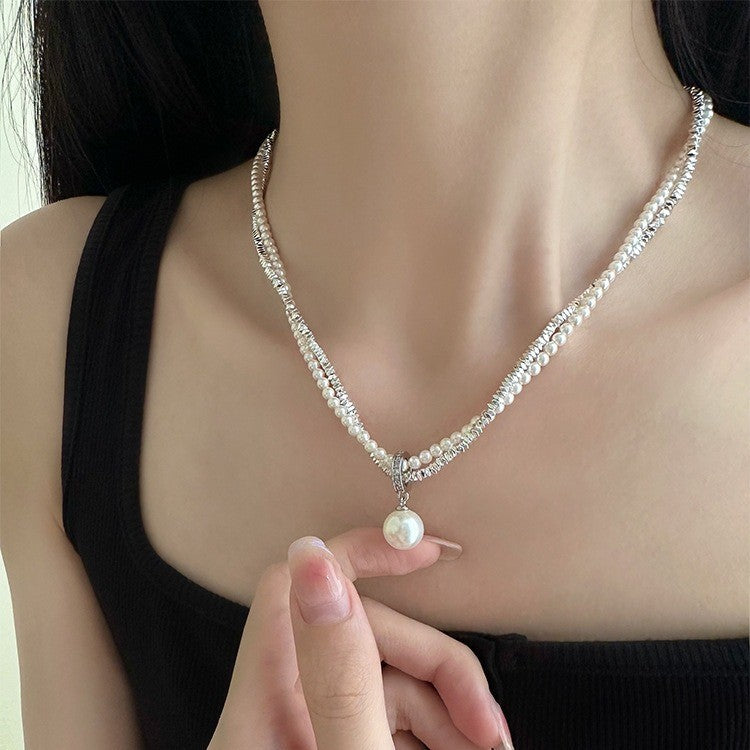 vakkv Shijia Light Luxury Minority Twin S925 Sterling Silver Small Pieces of Silver Pearl Necklace for Women Summer New Necklace Clavicle Chain