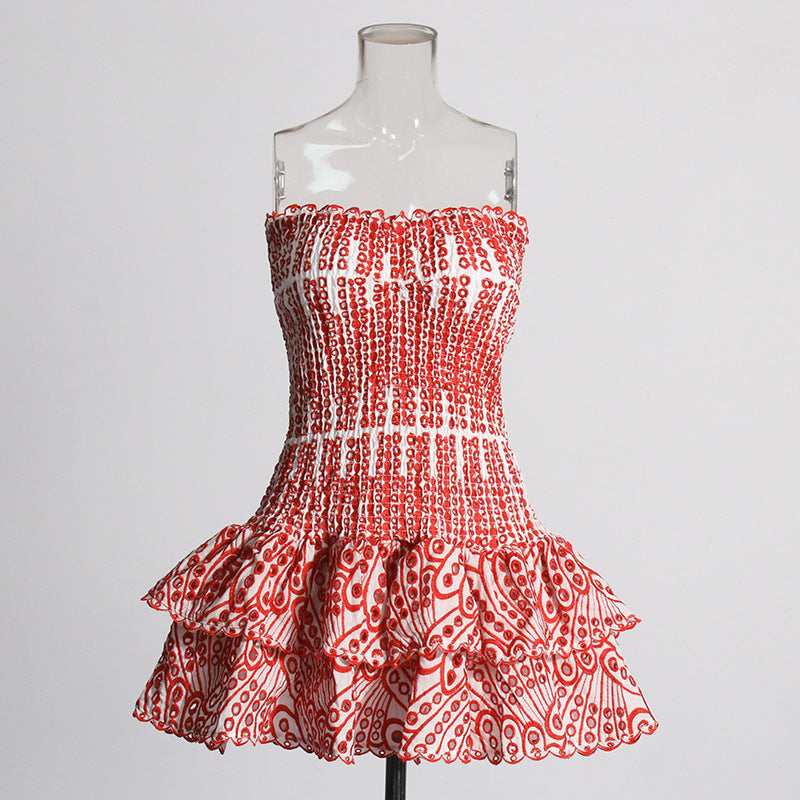 European and American Heavy Industry Smocking Strapless Dress New Design Sense Hollow-out Hook Flower Slim Fit Slimming and Short Dress Women