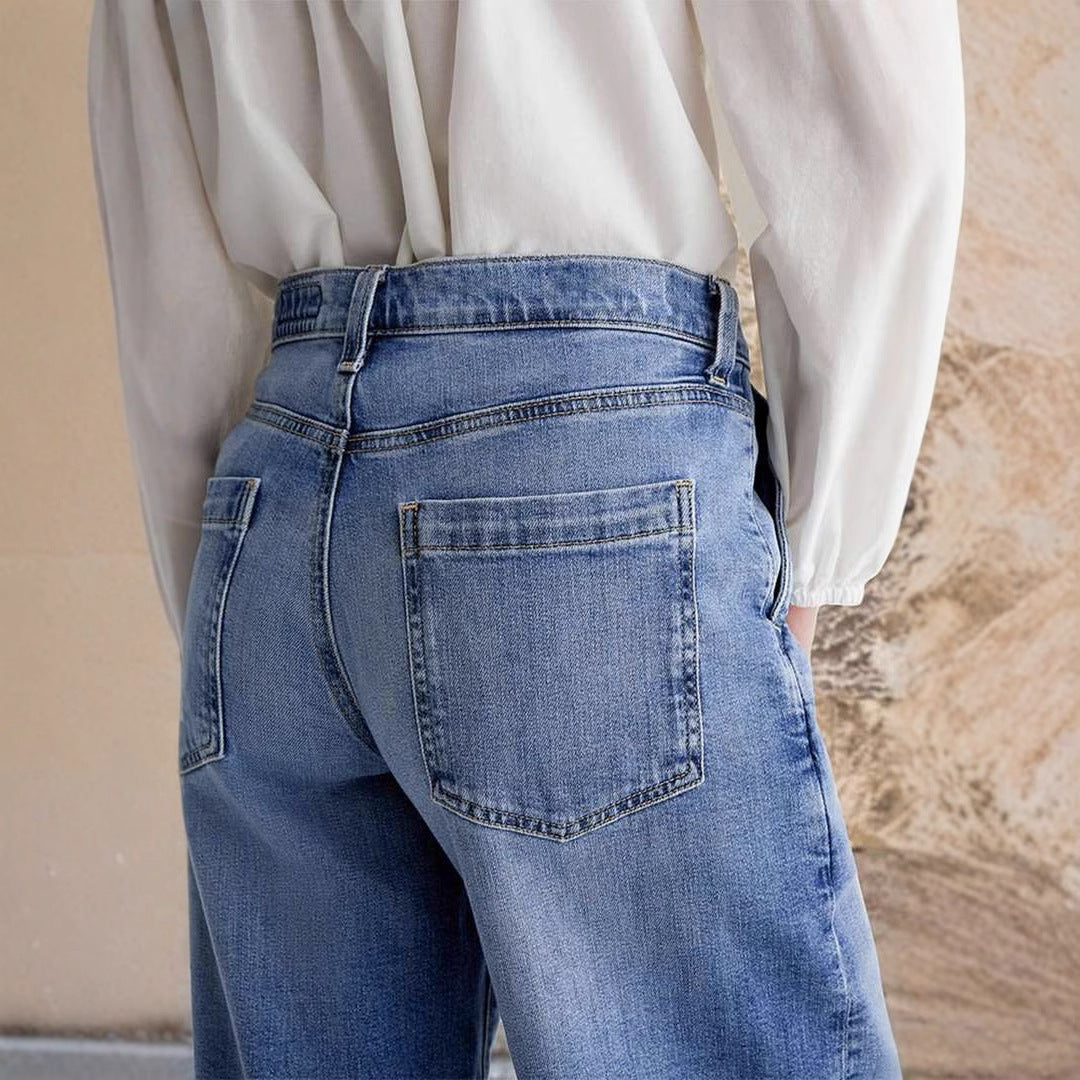 VAKKV 2025 spring new 2025 cross-border retro wide-leg jeans women's embroidered elastic straight pants casual trousers