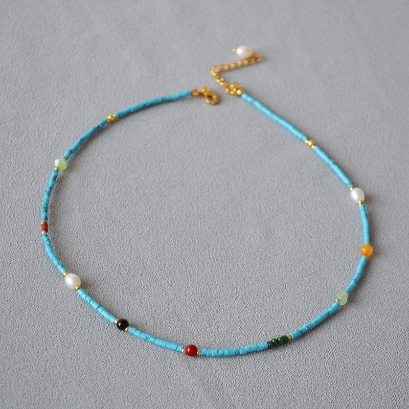 Vintage Court Style Ultra Fine Blue Turquoise Colorful Pearl GEM Ultra Fine Necklace Clavicle Chain Female Special-Interest Design