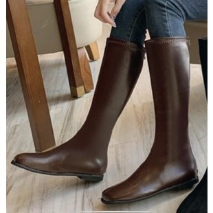 2025 South Korea Dongdaemun popular autumn and winter new square head retro flat bottom elastic high boots British style knight boots women's tide